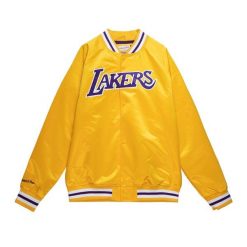 Satynowa bluza dresowa Los Angeles Lakers. Żółte bluzy sportowe męskie Mitchell & Ness, bez wzorów, z dresówki, bez kaptura, do koszykówki. Za 477.50 zł.
