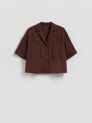 Koszula z wiskozą - ciemnobrązowy. Brązowe koszule damskie Reserved, l, bez wzorów, z tkaniny, bez kołnierzyka, bez ramiączek. Za 149.99 zł.