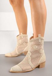 Jasnobeżowe Botki Kowbojki na Stożku ze Skórzaną Wkładką i Siateczkową Cholewką Frolozi. Brązowe botki damskie Renee, z jeansu, eleganckie, bez obcasa, na obcasie, bez zapięcia. Za 129.99 zł.