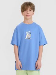 4F T-shirt oversize z nadrukiem chłopięcy - niebieski 140 (9-10 lat). Niebieskie t-shirty dla chłopców 4f, bez wzorów, z bawełny, bez ramiączek. W wyprzedaży za 19.99 zł.