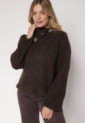 Brązowy Golf z Wełną i Metalicznymi Guzikami Vidora. Brązowe swetry damskie Born2be, uniwersalny, z aplikacjami, z jeansu, eleganckie, bez kołnierzyka, bez ramiączek, bez kaptura. Za 129.99 zł.