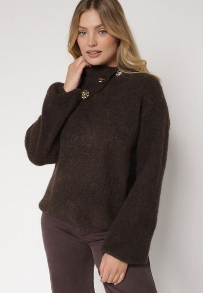 Brązowy Golf z Wełną i Metalicznymi Guzikami Vidora. Brązowe swetry damskie Born2be, uniwersalny, z aplikacjami, z jeansu, eleganckie, bez kołnierzyka, bez ramiączek, bez kaptura. Za 129.99 zł.