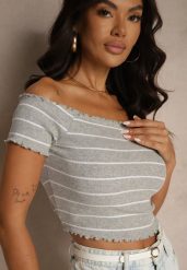 Szary Bawełniany Top Hiszpanka Ozdobiony Paskami Lirasora. Szare t-shirty i topy dla dziewczynek Renee, bez wzorów, z bawełny, bez ramiączek. Za 34.99 zł.