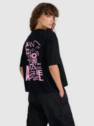 4F T-shirt oversize z nadrukiem damski - czarny XS. Czarne koszulki sportowe damskie 4f, uniwersalny, bez wzorów, z bawełny, bez kołnierzyka, bez ramiączek. W wyprzedaży za 49.99 zł.
