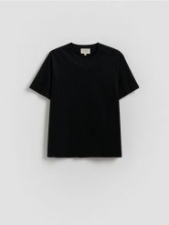 T-shirt regular z domieszką modalu - czarny. Czarne t-shirty męskie Reserved, l, bez wzorów, z bawełny, bez kołnierzyka. W wyprzedaży za 89.99 zł.