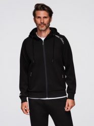 Rozpinana bluza męska ze stójką i kapturem czarna V1 OM-SSZP-0216 M. Czarne bluzy męskie Ombre, m, bez wzorów. Za 347.95 zł.