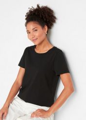 Shirt z krótkim rękawem (2 szt.), z czystej bawełny. Czarne t-shirty damskie bonprix, bez wzorów, z bawełny, bez kołnierzyka. Za 69.99 zł.
