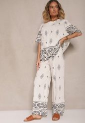 Beżowo-Szary Komplet w Stylu Boho Bluzka z Krótkim Rękawem i Luźne Spodnie Divorine. Brązowe bluzki damskie Renee, l, bez wzorów, boho, bez kołnierzyka, bez ramiączek. Za 74.99 zł.