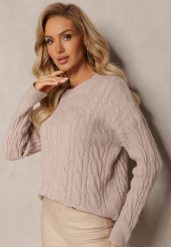 Beżowy Sweter z Okrągłym Dekoltem i Splotem w Warkocze Dawnitta. Brązowe swetry damskie Renee, bez wzorów, z dzianiny, casualowe, bez kołnierzyka, bez ramiączek, długie, bez kaptura. Za 79.99 zł.