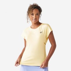 Koszulka tenisowa damska Artengo Dry z okrągłym dekoltem. Żółte koszulki sportowe damskie ARTENGO, xl, bez wzorów, z elastanu, sportowe, bez kołnierzyka. Za 59.99 zł.