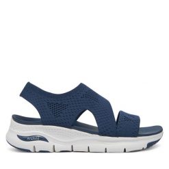 Sandały Skechers. Niebieskie sandały damskie Skechers, bez wzorów, bez obcasa, na płaskiej podeszwie, bez zapięcia. Za 219.99 zł.