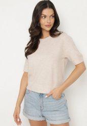 Beżowy Sweter z Wełną i Krótkim Rękawem Turosa. Brązowe swetry damskie Born2be, bez wzorów, z jeansu, eleganckie, bez kołnierzyka, bez ramiączek, krótkie, bez kaptura. Za 109.99 zł.