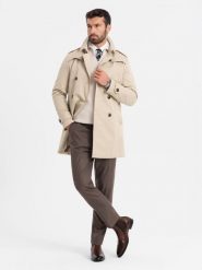 Elegancki męski płaszcz trencz SLIM FIT z paskiem – beżowy V1 OM-COSC-0126 - XXL. Brązowe płaszcze męskie Ombre Clothing, l, bez wzorów, z materiału, eleganckie, bez kaptura. Za 251.99 zł.