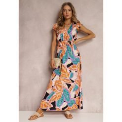 Pomarańczowa Sukienka Dilney. Brązowe sukienki damskie Renee, l, z aplikacjami, z tkaniny, boho, bez kołnierzyka, bez ramiączek, maxi, kopertowe. Za 49.99 zł.