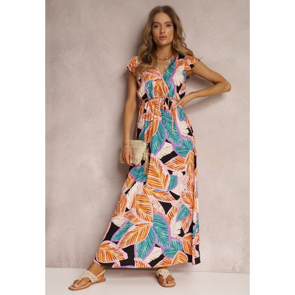 Pomarańczowa Sukienka Dilney. Brązowe sukienki damskie Renee, l, z aplikacjami, z tkaniny, boho, bez kołnierzyka, bez ramiączek, maxi, kopertowe. Za 69.99 zł.