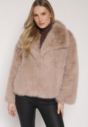 Beżowa Jednorzędowa Kurtka Futerko z Szerokim Kołnierzem Conellia. Brązowe kurtki damskie Born2be, l, bez wzorów, z dzianiny, bez kaptura. Za 199.99 zł.