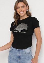 Czarny T-shirt z Bawełny z Nadrukiem Czapki i Cyrkoniami Penilna. Czarne bluzki damskie Born2be, bez wzorów, z bawełny, klasyczne. Za 34.99 zł.