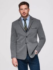 Dzianinowa marynarka męska o dopasowany kroju SLIM FIT - grafitowa V1 - Rozmiar: S. Szare marynarki męskie Ombre Clothing, bez wzorów, z bawełny, biznesowe. W wyprzedaży za 265.99 zł.