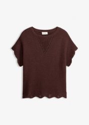 Sweter z krótkim rękawem z błyszczącą nicią. Brązowe swetry damskie bonprix, bez wzorów, bez kołnierzyka, bez ramiączek, krótkie, bez kaptura. Za 99.99 zł.