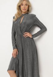 Srebrna Koktajlowa Sukienka z Metaliczną Nicią Mianella. Szare sukienki damskie Born2be, m, z aplikacjami, eleganckie, bez kołnierzyka, bez ramiączek, midi. Za 119.99 zł.