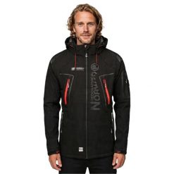 Męska Kurtka Soft Shell Techno. Brązowe kurtki męskie Geographical Norway, m, z aplikacjami, z elastanu, z kapturem. Za 269.00 zł.