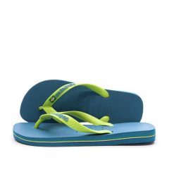 Klapki Havaianas Brasil Logo. Niebieskie klapki damskie Havaianas, bez wzorów, z materiału, bez obcasa. Za 163.50 zł.