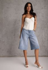 Niebieskie Szorty Jeansowe Bawełnine w Typie Jorts o Szerokim Kroju Savatai. Niebieskie szorty damskie Renee, na lato, l, bez wzorów, z jeansu, eleganckie. Za 89.99 zł.