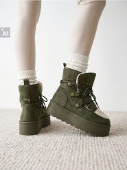 Śniegowce ze sztucznym barankiem - khaki. Brązowe śniegowce i trapery damskie Sinsay. Za 69.99 zł.