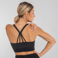 Stanik do tańca nowoczesnego z cienkimi ramiączkami. Czarne biustonosze STAREVER, bez wzorów, z materiału, sportowe, bez kołnierzyka. Za 69.99 zł.