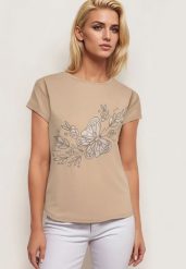 Beżowy Klasyczny Bawełniany T-shirt z Nadrukiem Wiloa. Brązowe bluzki damskie Born2be, l, bez wzorów, z bawełny, klasyczne, bez kołnierzyka. Za 34.99 zł.