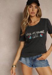 Czarny T-shirt z Bawełny Ozdobiony Nadrukiem Savetelle. Czarne bluzki damskie Renee, l, bez wzorów, z bawełny, bez kołnierzyka. Za 39.99 zł.