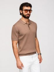 Męska koszulka polo z wiskozą SLIM FIT w pionowy prążek – jasnobrązowa V5 - Rozmiar: XXL. Brązowe koszulki polo męskie Ombre Clothing, m, bez wzorów, z dzianiny, klasyczne, bez ramiączek. W wyprzedaży za 73.50 zł.