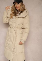 Ciemnobeżowa Długa Kurtka z Pikowanymi Przeszyciami Kapturem i Wiązanym Paskiem Zalirra. Brązowe kurtki damskie Renee, l, bez wzorów. Za 189.99 zł.