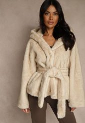 Beżowa Futerkowa Kurtka z Kapturem i Wiązanym Paskiem Zetele. Brązowe kurtki damskie Renee, l, bez wzorów, z jeansu, z kapturem. Za 229.99 zł.