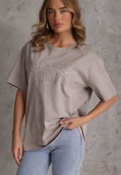 Szary Bawełniany T-shirt Oversize z Haftowanym Napisem z Cekinami Talomora. Szare t-shirty damskie Renee, m, bez wzorów, z bawełny, rockowe, bez kołnierzyka. Za 69.99 zł.
