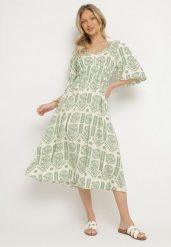 Zielono-Kremowa Sukienka Wiskozowa Rozkloszowana z Odkrytymi Plecami w Print Boho Turaisa. Zielone sukienki damskie Born2be, na co dzień, l, bez wzorów, z wiskozy, boho, bez kołnierzyka, bez ramiączek, midi, proste. Za 74.99 zł.