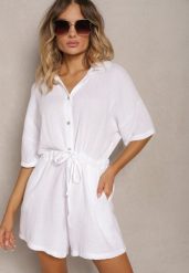Biały Bawełniany Kombinezon Muślinowy Ozdobiony Troczkami Zapinany na Guziki Dlissa. Białe sukienki damskie Renee, na co dzień, s, bez wzorów, z bawełny, eleganckie, bez kołnierzyka, bez ramiączek. Za 89.99 zł.