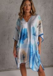 Niebieskie Ponczo z Wiskozy w Kwiatowy Print z Lamówką Twigs. Niebieskie swetry damskie Renee, uniwersalny, bez wzorów, z wiskozy, eleganckie, bez kołnierzyka, bez ramiączek, bez kaptura. Za 59.99 zł.