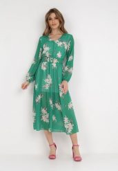 Zielona Sukienka Thessitheme. Zielone sukienki damskie Born2be, na lato, m, bez wzorów, bez kołnierzyka, bez ramiączek, midi, rozkloszowane. Za 29.99 zł.