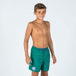 Spodenki surfingowe dla dzieci Olaian 100 Surfcanvas. Zielone kąpielówki dla chłopców OLAIAN, bez wzorów, z materiału, krótkie. Za 39.99 zł.