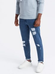 Washowane spodnie męskie jeansowe TAPERED FIT z przetarciami – niebieskie V2 OM-PADP-0163 - XXL. Niebieskie spodnie materiałowe męskie Ombre Clothing, l, bez wzorów, z bawełny, rockowe. Za 113.99 zł.