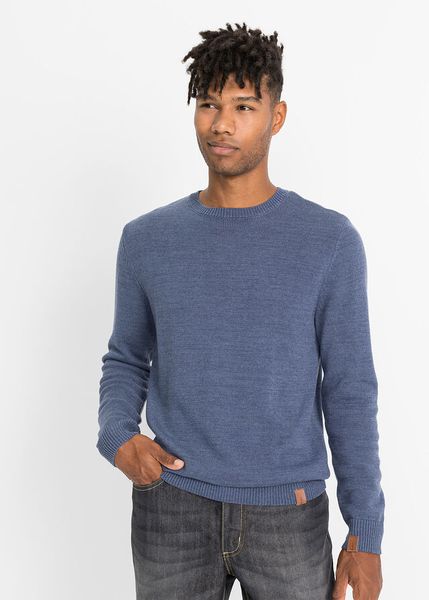 Cienki sweter z bawełną. Niebieskie swetry przez głowę męskie bonprix, m, bez wzorów, z bawełny, bez kołnierzyka. Za 102.99 zł.
