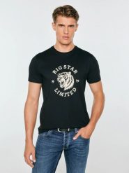 Koszulka męska z kontrastowym nadrukiem czarna renner 906. Czarne t-shirty męskie Big Star, l, bez wzorów, z bawełny, klasyczne, bez kołnierzyka. Za 99.99 zł.