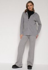 Ciemnoszary Komplet z Wełną i Bawełną Szerokie Spodnie i Rozpinana Bluzka z Kapturem Reikania. Szare bluzki damskie Born2be, l, bez wzorów, z bawełny, casualowe, bez kołnierzyka, bez ramiączek. Za 139.99 zł.