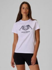 4F T-shirt regular z nadrukiem damski - biały XL. Białe koszulki sportowe damskie 4f, xl, bez wzorów, z bawełny, bez kołnierzyka, bez ramiączek. Za 59.99 zł.
