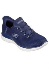 Buty SKECHERS SUMMITS-CLASSY NIGHT SLIP-INS Niebieski. Niebieskie trampki i tenisówki damskie Skechers, bez wzorów, z materiału, bez zapięcia. Za 302.99 zł.