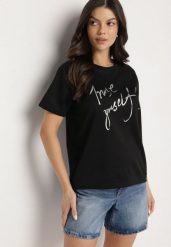 Czarny T-shirt z Ozdobnym Nadrukiem z Brokatem Tenesia. Czarne bluzki damskie Born2be, l, bez wzorów, z jeansu, eleganckie, bez kołnierzyka. Za 29.99 zł.