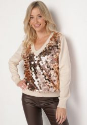 Beżowy Sweter z Wiskozą i Cekinami Nevaluna. Brązowe swetry damskie Born2be, uniwersalny, bez wzorów, z jeansu, wizytowe, bez kołnierzyka, bez ramiączek, długie, bez kaptura. Za 59.99 zł.