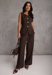 Brązowy Komplet z Bawełną w Garniturowym Stylu Kamizelka i Spodnie Meloreida. Brązowe spodnie materiałowe damskie Renee, l, bez wzorów, z bawełny. Za 149.99 zł.