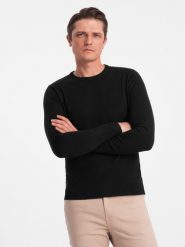 Męski klasyczny sweter z wiskozą BASIC z okrągłym dekoltem – czarny V2 OM-SWBS-0106 - XXL. Czarne swetry przez głowę męskie Ombre Clothing, l, bez wzorów, z wiskozy, bez kołnierzyka. W wyprzedaży za 89.99 zł.